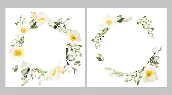 Carte Aquarelle Avec Anémones Délicates Sur Fond Blanc Bouquet Fleurs — Photo