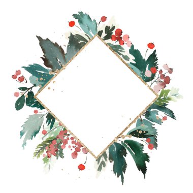 Böğürtlenli Noel çelengi suluboya kartpostal.