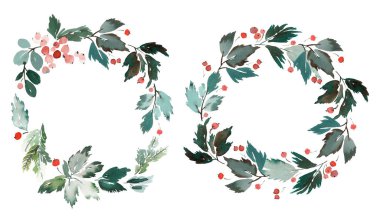 Böğürtlenli Noel çelengi suluboya kartpostal.
