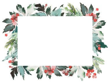 Böğürtlenli Noel çelengi suluboya kartpostal.