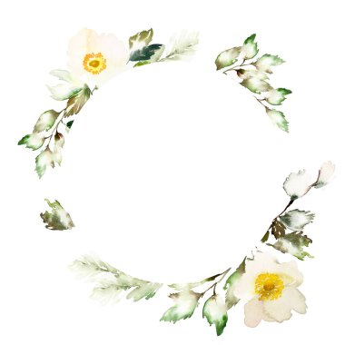 Beyaz arka planda narin şakayıklı suluboya kart. Bir buket yaz çiçeği..