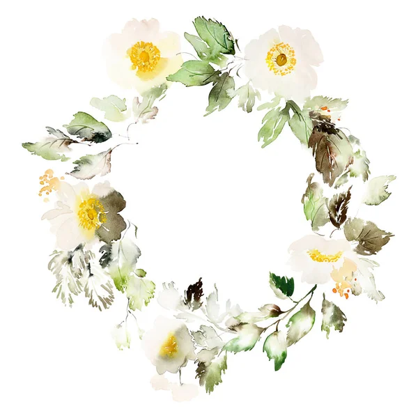 Cartão Aquarela Com Anêmonas Delicadas Fundo Branco Buquê Flores Verão — Fotografia de Stock