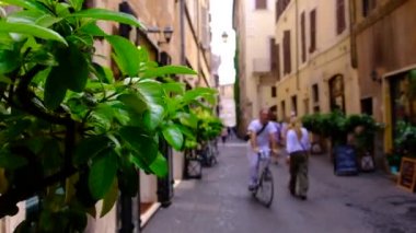 Roma, İtalya, üzerinde 28 Haziran 2018 4k yürüyen turist ile sokak yaşam video ve yeşil doğa tarihi şehir sokakta 