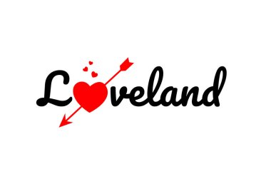 Loveland word metni ile kırık kalple kırmızı ok kavramı, logo veya tipografi tasarımı için uygun