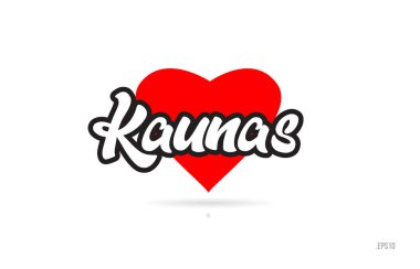 Kaunas şehir metin tasarım ile kırmızı kalp tipografik simgesi tasarım turistik tanıtımı için uygun
