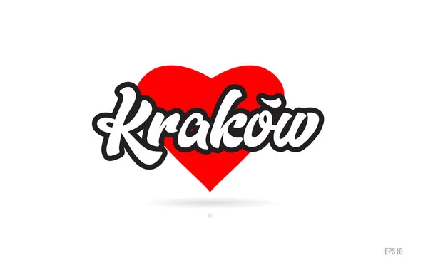 Krakau Stadt Text Design Mit Rotem Herzen Typografische Ikone Design — Stockvektor
