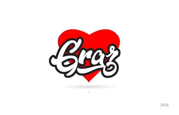 Graz City Metin Tasarım Ile Kırmızı Kalp Tipografik Simgesi Tasarım — Stok Vektör