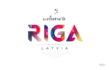 Riga Letonya hoş geldiniz kartı ve mektup tasarım renkli gökkuşağı renkli ve tipografik simgesi tasarım