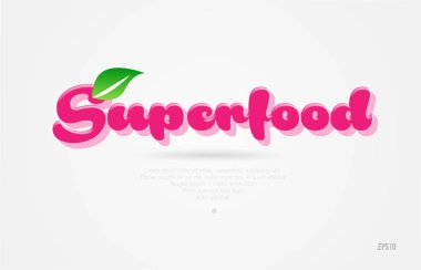 Beyaz arka planda kart simgesini broşür veya tipografi logo tasarımı için uygun bir yaprak yeşil ve pembe renkli superfood 3d kelime