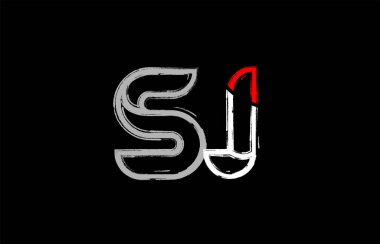 Grunge Alfabe harf kombinasyonu sj s j logo tasarımı beyaz kırmızı ve siyah renklerde bir şirket ya da iş için uygun