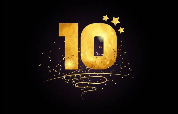 Ten Number Star Golden Glitter Black Background Suitable Icon Typography — Stock Vector