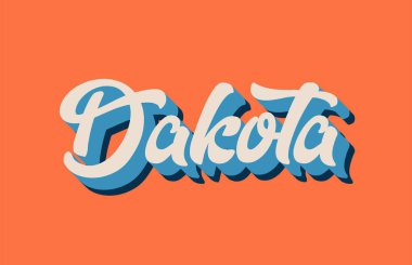Dakota yazılı kelime metin turuncu mavi beyaz renk tasarımında tipografi için el. Bir logo, marka veya kartı için kullanılabilir