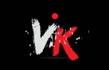 Alfabe harf kombinasyonu VK V K 'nin grunge deseni ve bir şirket veya iş için logo olarak uygun beyaz kırmızı renk ile siyah arkaplan üzerine dizaynı