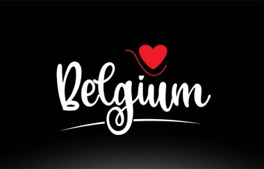 Logo simgesi veya tipografi tasarımı için uygun siyah arkaplan üzerinde kırmızı aşk kalbi olan Belçika ülke metni