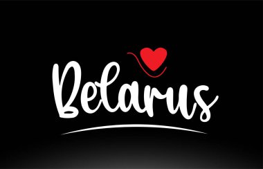 Bir logo simgesi veya tipografi tasarımı için uygun siyah arkaplan üzerinde kırmızı aşk kalbine sahip Belarus ülke metni