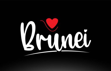 Logo simgesi veya tipografi tasarımı için uygun siyah arkaplan üzerinde kırmızı aşk kalbine sahip Brunei ülke metni