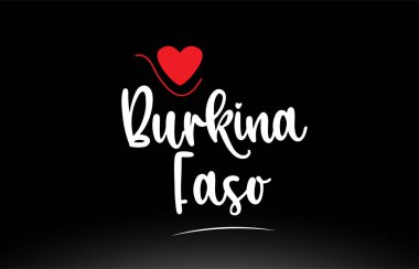 Logo simgesi veya tipografi tasarımı için uygun siyah arkaplan üzerinde kırmızı aşk kalbi olan Burkina Faso ülke metni
