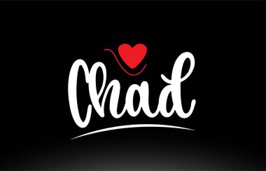 Siyah zemin üzerinde kırmızı aşk kalbi olan Çad ülke metni bir logo simgesi veya tipografi tasarımı için uygundur