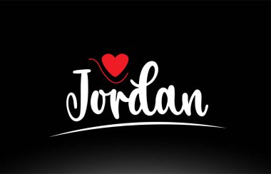 Bir logo simgesi veya tipografi tasarımı için uygun siyah arkaplan üzerinde kırmızı aşk kalbine sahip Ürdün ülke metni