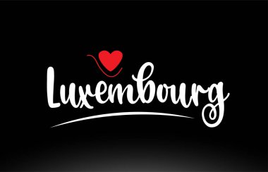 Logo simgesi veya tipografi tasarımı için uygun siyah arkaplan üzerinde kırmızı aşk kalbi olan Lüksemburg ülke metni