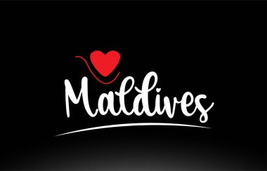 Bir logo simgesi veya tipografi tasarımı için uygun siyah arkaplan üzerinde kırmızı aşk kalbine sahip Maldivler ülke metni