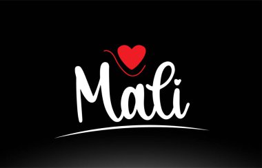 Bir logo simgesi veya tipografi tasarımı için uygun siyah arkaplan üzerinde kırmızı aşk kalbine sahip Mali ülke metni