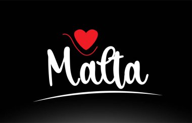 Bir logo simgesi veya tipografi tasarımı için uygun siyah arkaplan üzerinde kırmızı aşk kalbine sahip Malta ülke metni