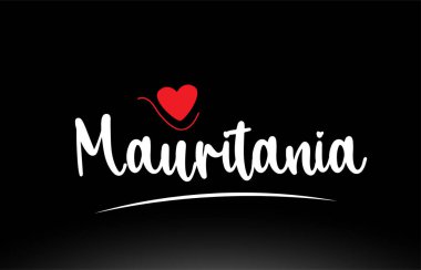 Moritanya ülke metni bir logo simgesi veya tipografi tasarımı için uygun siyah arkaplan üzerinde kırmızı aşk kalbi ile