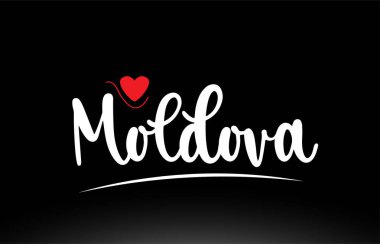 Moldova ülke metni bir logo simgesi veya tipografi tasarımı için uygun siyah arkaplan üzerinde kırmızı aşk kalbi ile