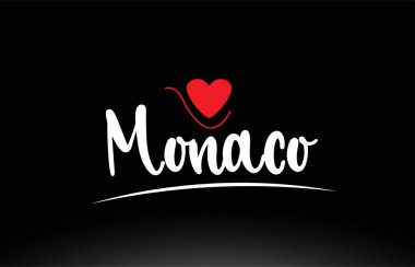 Bir logo simgesi veya tipografi tasarımı için uygun siyah arkaplan üzerinde kırmızı aşk kalbi olan Monako ülke metni