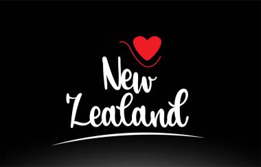 Bir logo simgesi veya tipografi tasarımı için uygun siyah arkaplan üzerinde kırmızı aşk kalbine sahip Yeni Zelanda ülke metni