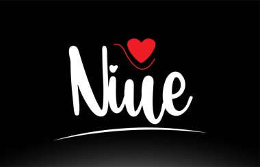 Bir logo simgesi veya tipografi tasarımı için uygun siyah arkaplan üzerinde kırmızı aşk kalbine sahip Niue ülke metni