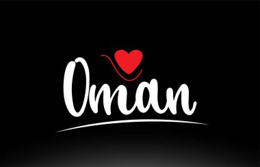 Umman ülke metni bir logo simgesi veya tipografi tasarımı için uygun siyah arkaplan üzerinde kırmızı aşk kalbi ile