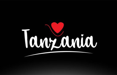 Bir logo simgesi veya tipografi tasarımı için uygun siyah arkaplan üzerinde kırmızı aşk kalbine sahip Tanzanya ülke metni