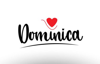 Dominica ülke metni bir logo simgesi veya tipografi tasarımı için uygun kırmızı aşk kalbine sahip