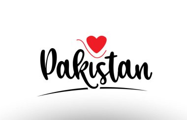 Pakistan ülke metni bir logo ikonu veya tipografi tasarımı için uygun kırmızı aşk kalbi ile