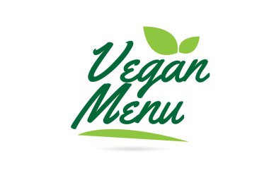 Yapraklı yeşil renkli tipografi tasarımı için Vegan Menüsü elle yazılmış kelime metni bir logo veya simge için kullanılabilir