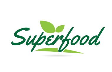 Yapraklı yeşil renkli tipografi tasarımı için süper yiyecek el yazısı metin bir logo veya simge için kullanılabilir