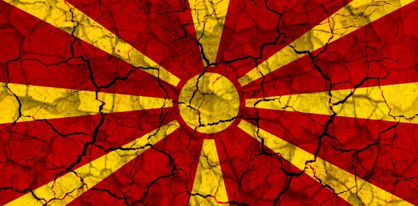 Macedónia Ország Zászló Szimbólum Repedt Szutykos Falra Festett Szárazság Nehézségeket — Stock Fotó