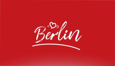 Berlin, beyaz şehir el yazısı, logo ya da tipografi tasarımı için kırmızı zemin üzerinde kalbi olan bir metin.