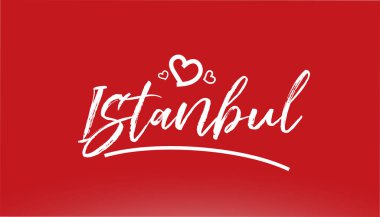 İstanbul beyaz şehir el yazısı, logo ya da tipografi tasarımı için kırmızı zemin üzerinde kalbi olan metin