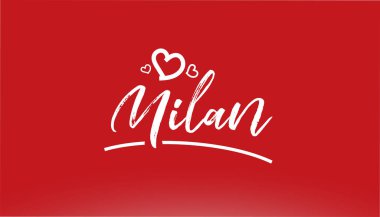 Logo ya da tipografi tasarımı için kırmızı zemin üzerinde kalbi olan Milan beyaz şehir el yazısı metin