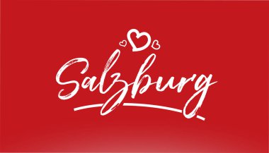 Salzburg beyaz şehir el yazısı yazı kırmızı arkaplan üzerinde logo veya tipografi tasarımı için kalp