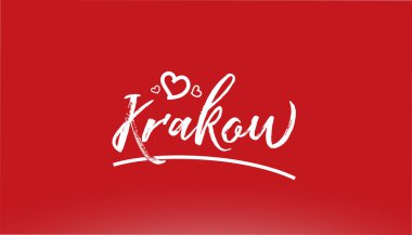 krakow beyaz şehir el yazısı yazı kırmızı arkaplan üzerinde kalp logo veya tipografi tasarımı için