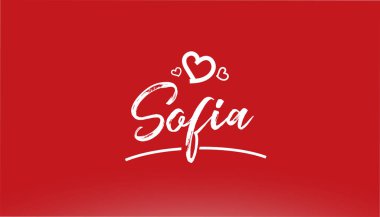 Logo ya da tipografi tasarımı için kırmızı zemin üzerinde kalbi olan sofia beyaz şehir el yazısı metin