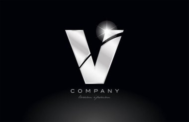 bir şirket veya işletme için uygun siyah arkaplan üzerinde gri renk ile gümüş harfli v metal alfabe simgesi simgesi tasarımı