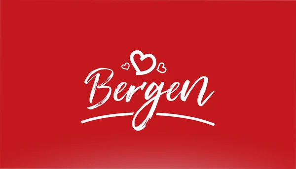 Bergen Biały Miasto Ręcznie Napisany Tekst Sercem Czerwonym Tle Projektowania — Wektor stockowy