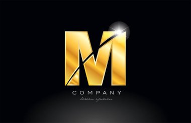 M harfi altın alfabe logo simgesi tasarımı bir şirket veya iş için uygun siyah arkaplan üzerinde metal görünüm