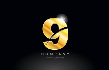 9 numaralı altın logo ikonu tasarımı. Metal arkaplanda bir şirket veya iş için uygun siyah bir görünüm var.