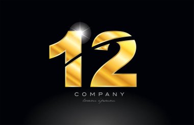 12 numaralı altın logo ikonu tasarımı. Metal arkaplanda bir şirket veya iş için uygun siyah bir görünüm var.